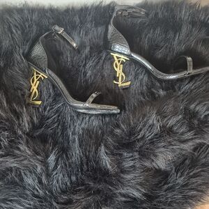 Yves Saint Laurent Black Sandal Heels with Gold YSL Logo Heel